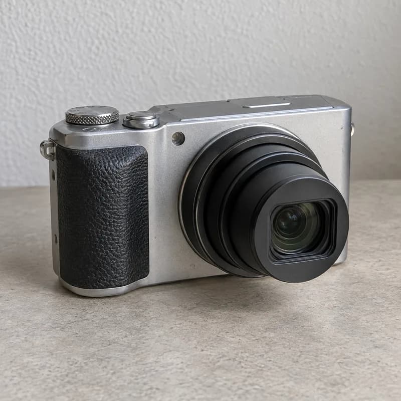 AI example photo: silver compact camera with a black grip
